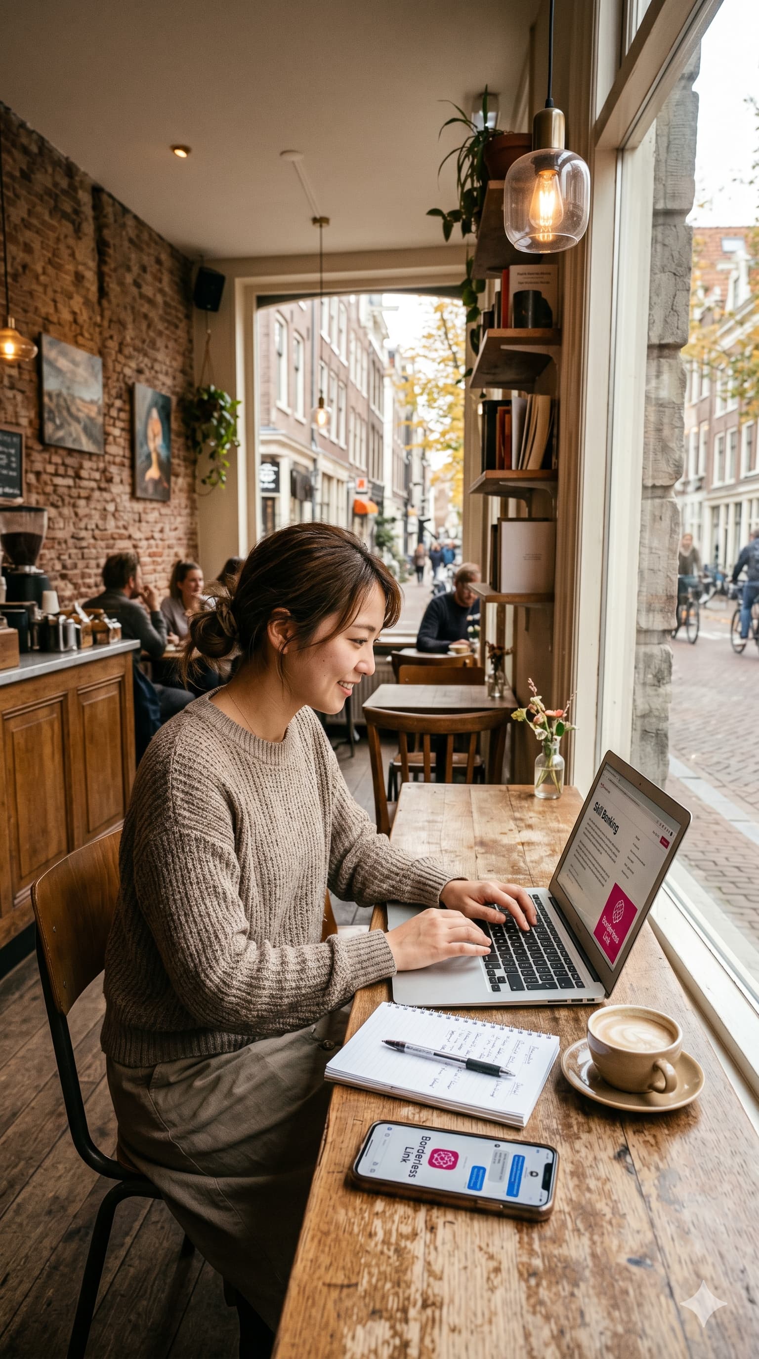 海外のカフェでノートPCを開いて作業する笑顔の女性